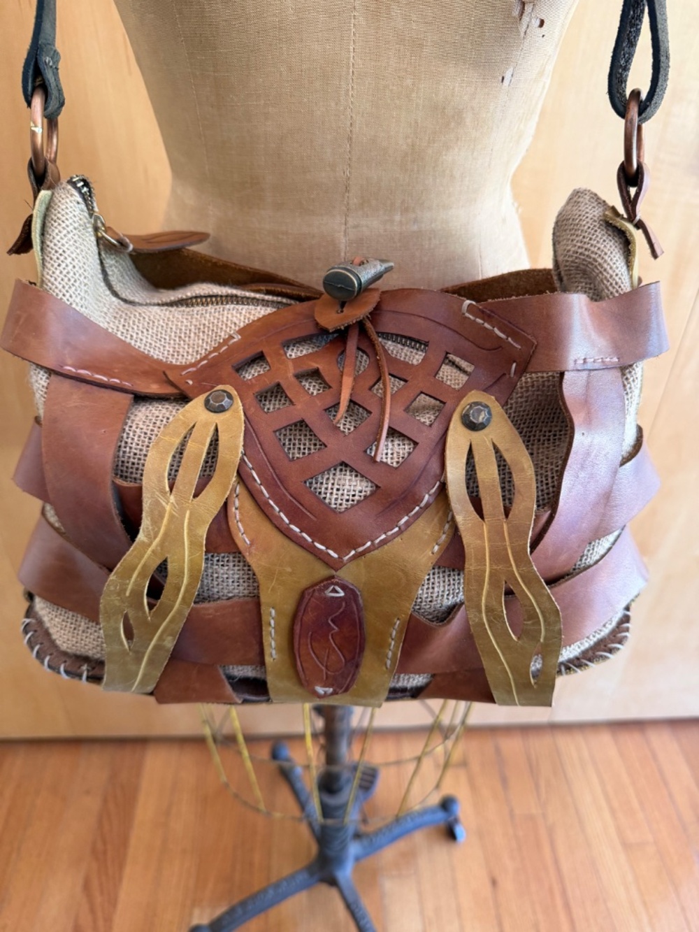 Unusual Art-to-Wear Leather Shoulder Handbag